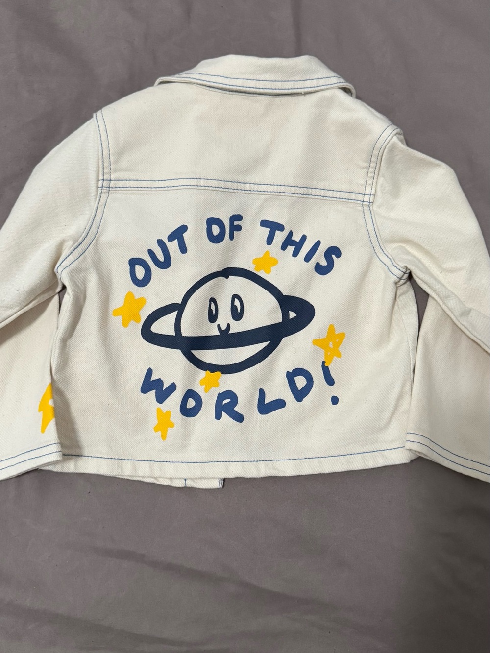 Epic Threads Cream Jean Jacket with Navy Graphic and Yellow Stars